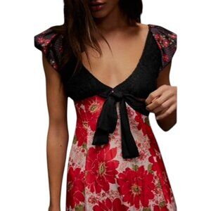 Free People Aurora Dress Red Floral A-line Mini Babydoll Puff Sleeves Large NWOT